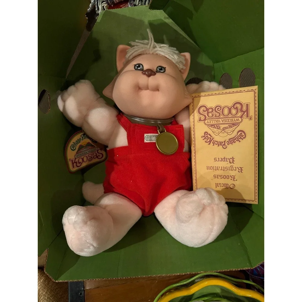 Vintage Cabbage Patch Kids Koosas Cat Plush Red Overalls New in Box with Papers